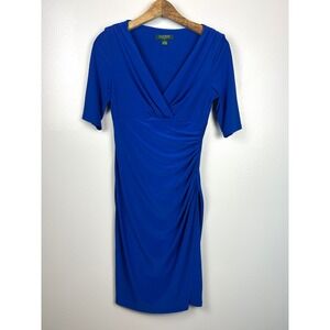 Lauren Ralph Lauren Royal Blue Ruched Faux Wrap Sheath Dress Sz 6 Career Stretch